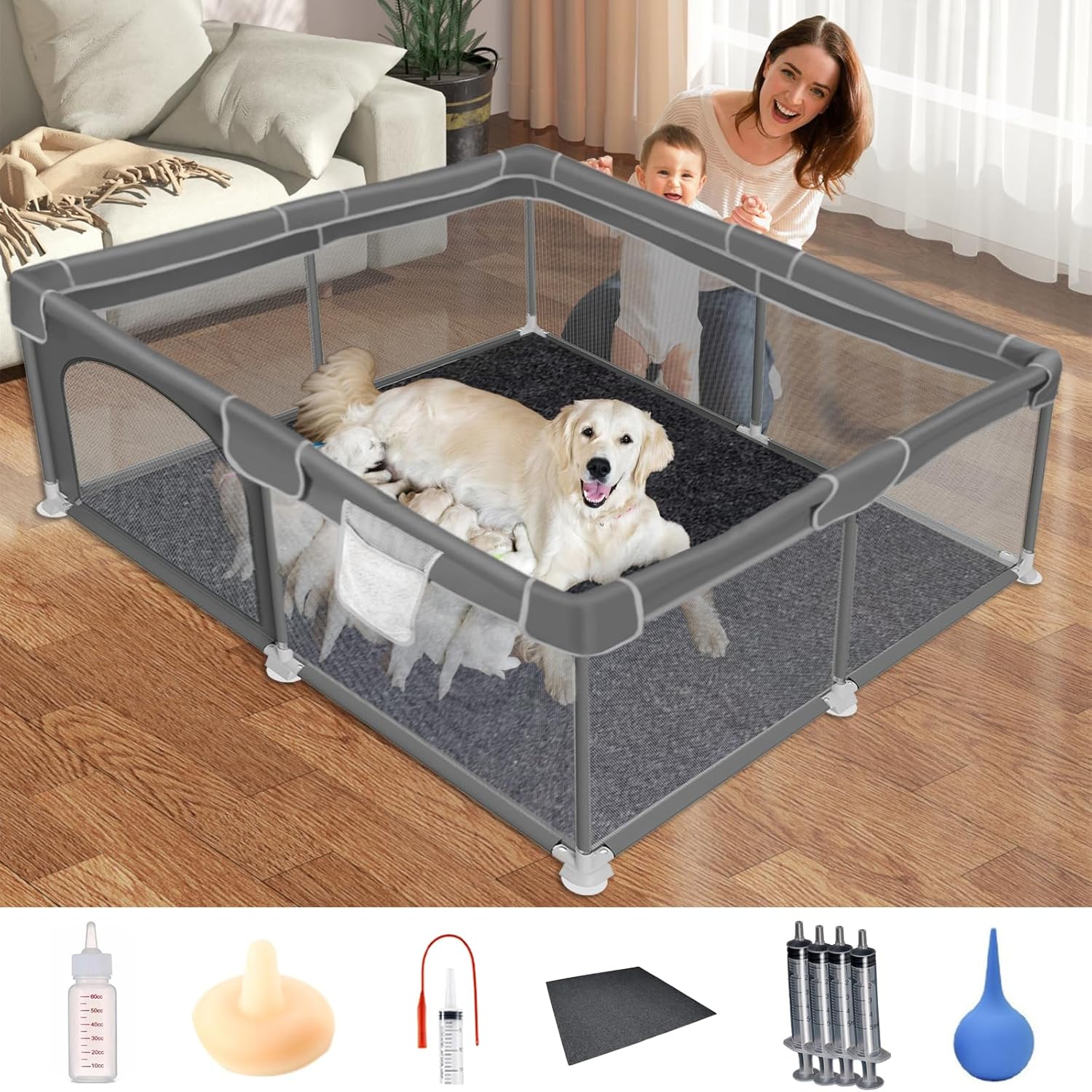 Whelping Box for Dogs, 50''x50''x26.5'', Sturdy Dog Playpen with Tear-Resistant Transparent Mesh Fabric, Include Sterile Mucus Extractor Catheter