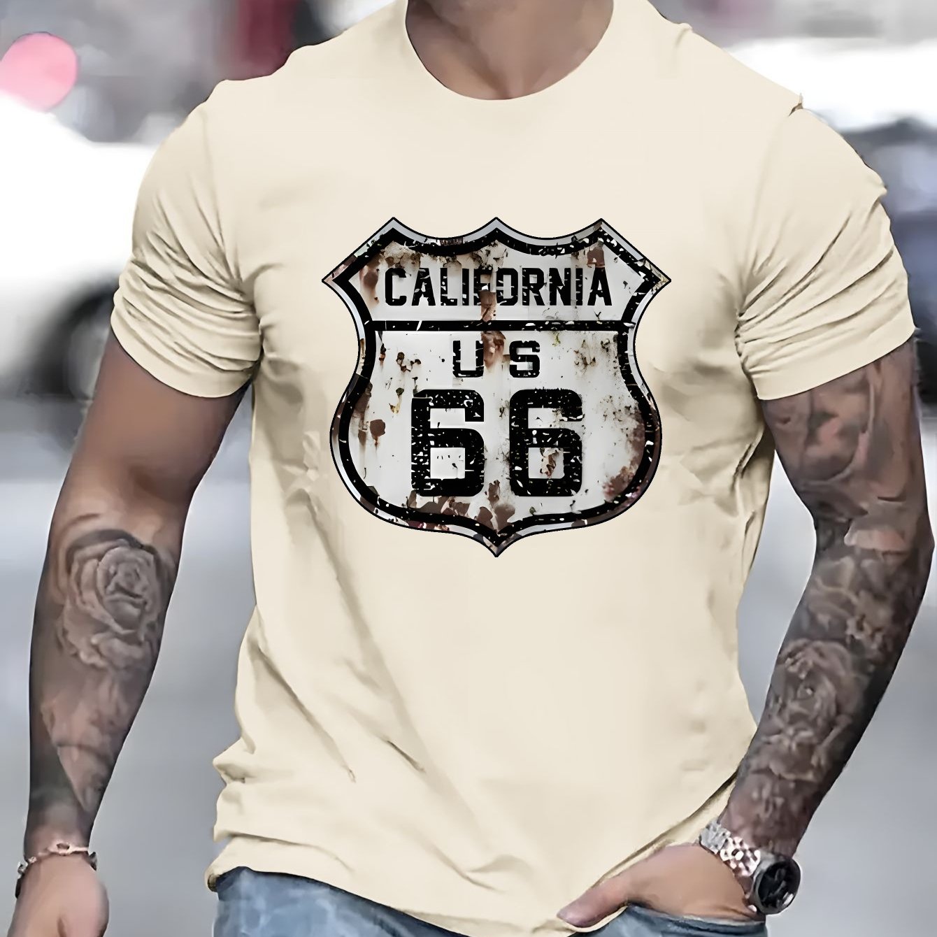 Men's Polyester Blend T-Shirt - Crew Neck, Short Sleeve, Regular Fit, Knit Fabric with California Route 66 Print - Casual Summer Top with Slight Stretch, 180g Fabric Weight