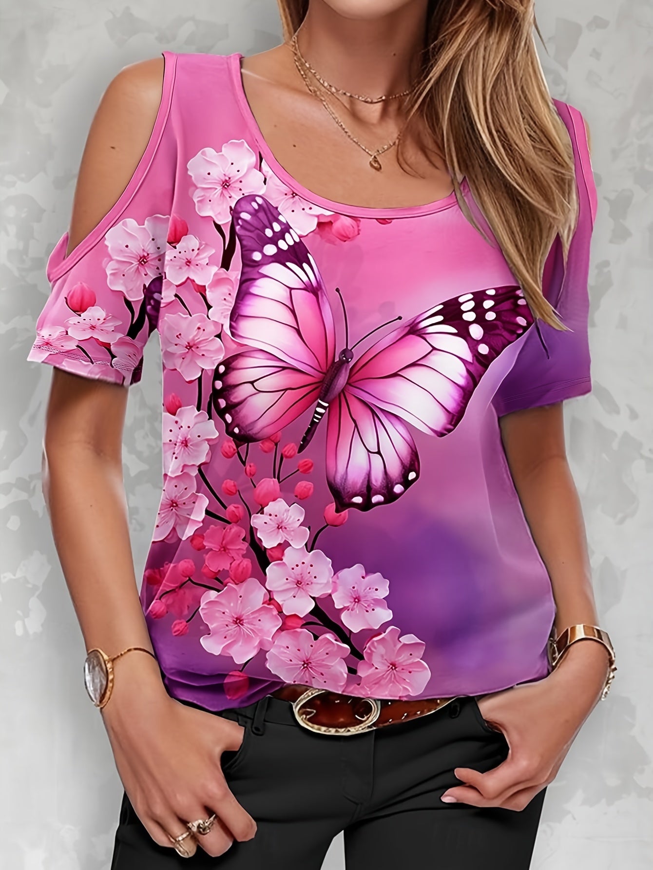 Vibrant Butterfly Print Crew Neck T-Shirt - Women's Elegant Cold Shoulder Short Sleeve Tee for Spring & Summer - Comfortable, Breathable, Relaxed Fit Clothing for Ladies