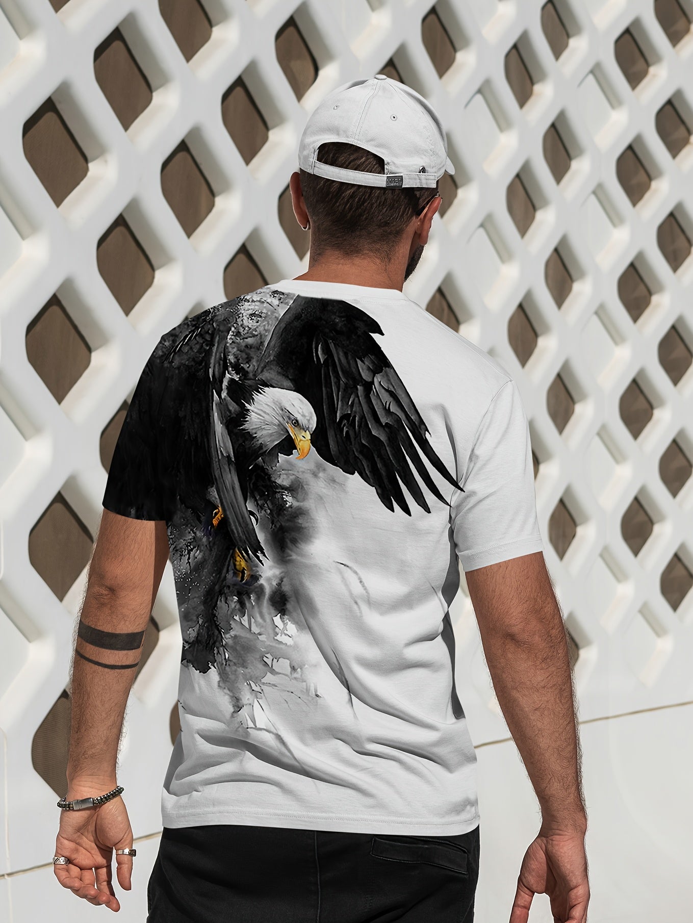 Men's 3D Eagle Print T-Shirt - Casual Round Neck, Short Sleeve, Summer Tee with Drawstring Detail