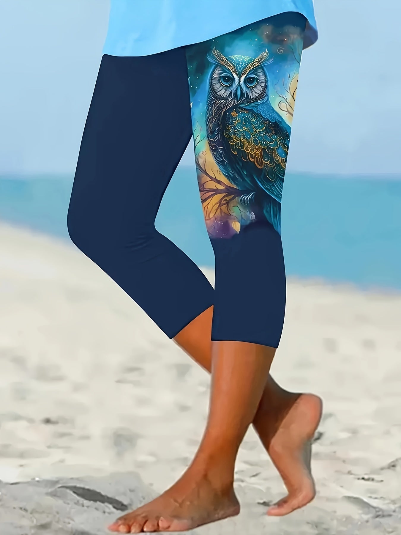 Stylish Plus Size Cartoon Owl Print Capri Leggings - Women's Plus Size Clothing, Soft Stretchy Everyday Wear, Comfortable Casual Fashion, Fun Whimsical Design