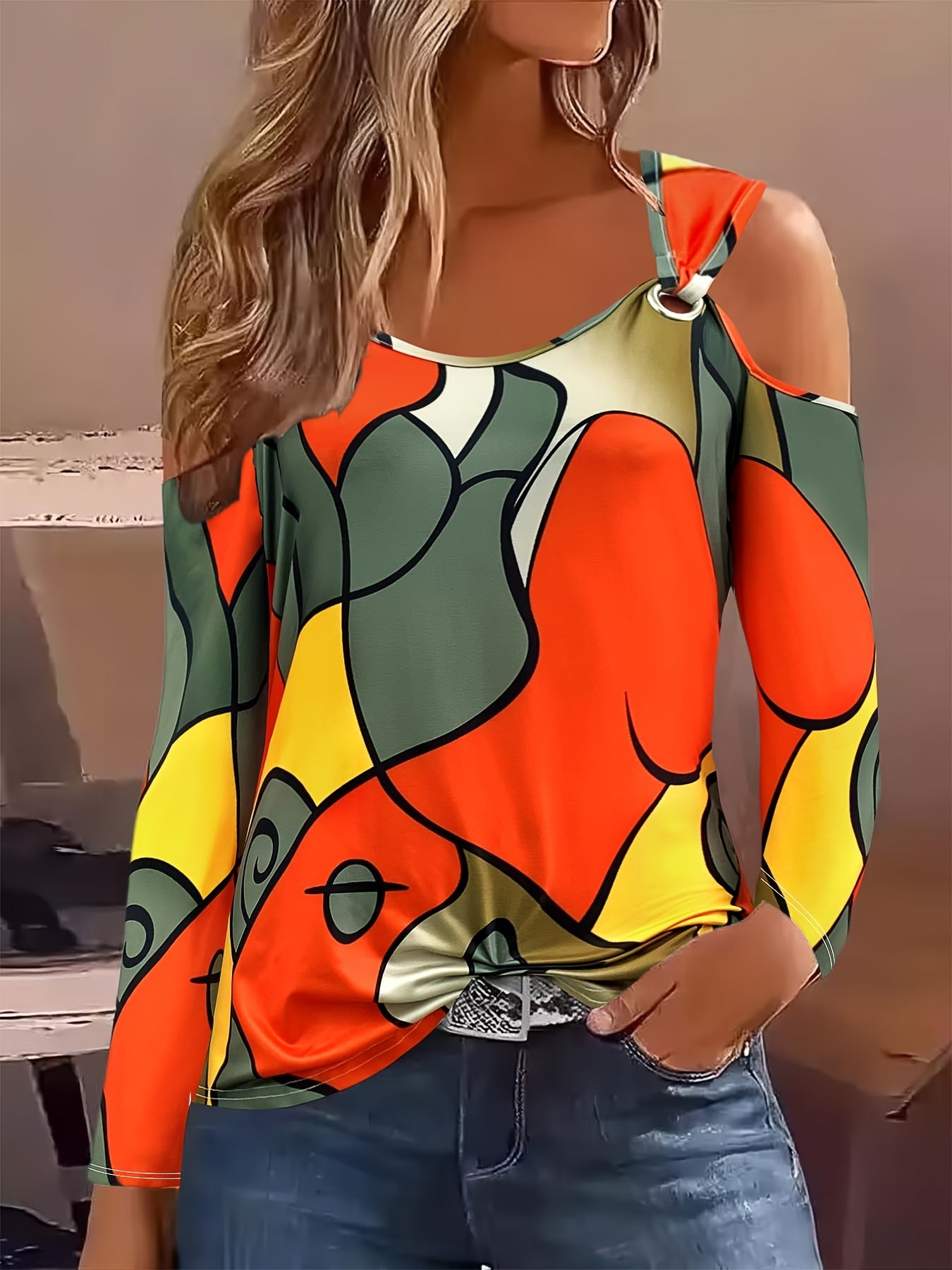 Plus Size Color Block Cold Shoulder T-shirt, Casual Long Sleeve Crew Neck Top For Spring & Fall, Women's Plus Size Clothing