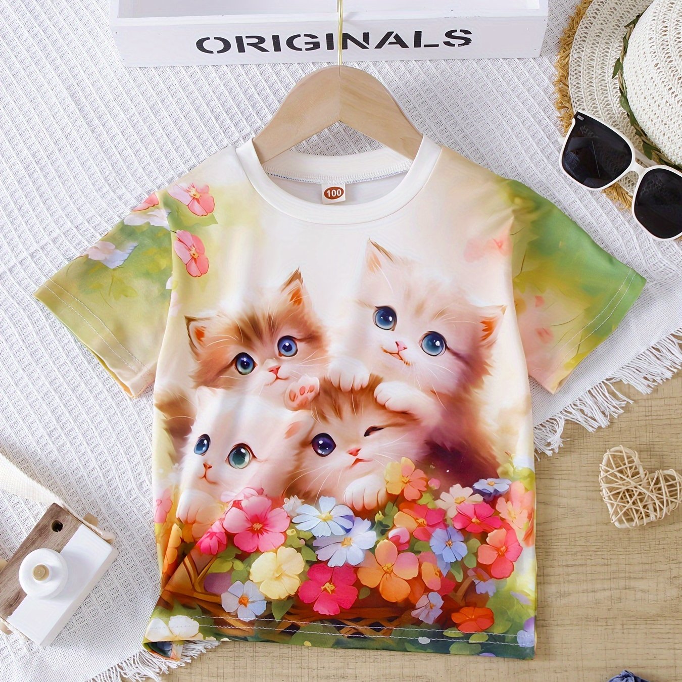 Cute 3D Kitties & Flower Print Short Sleeve T-shirt, Versatile Tees Summer Clothes