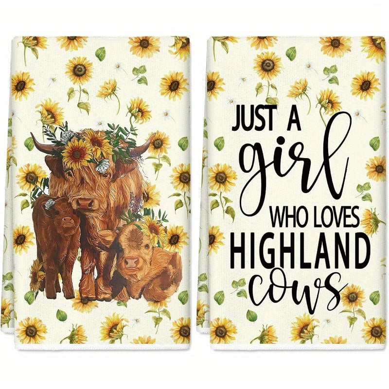 2 Sets 45.72*66.04 cm Sunflowers Kitchen Towels Highland Cow Sunflower Kitchen Towel Summer Floral Highland Cow Dish Towels Farmhouse Rustic Hand Drying Tea Towel for Cooking Baking Cleaning, 2pcs