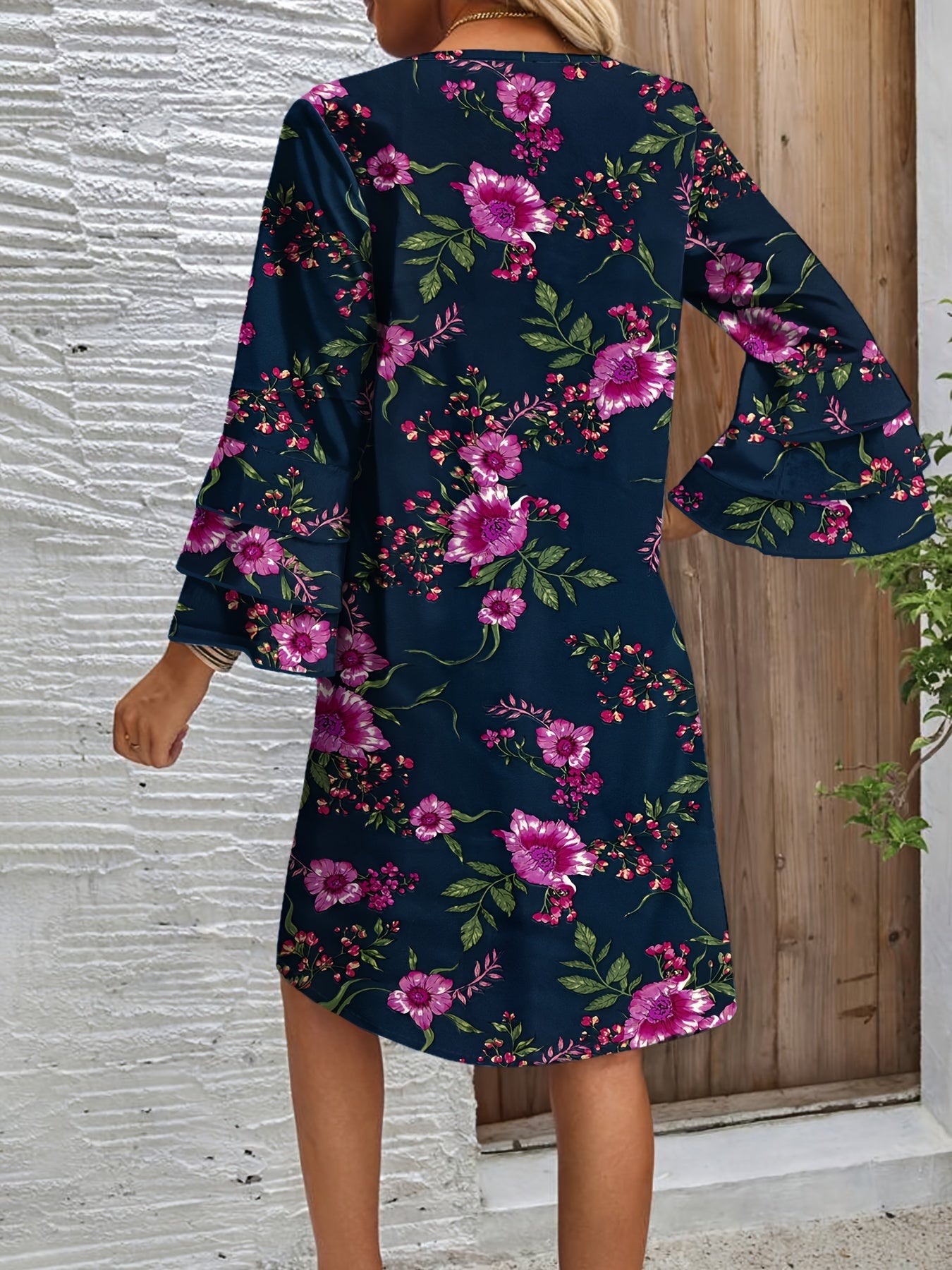 Floral Print V-neck Dress, Vacation Style Layered Ruffle Bell Sleeve Mini Dress For Spring & Summer, Women's Clothing