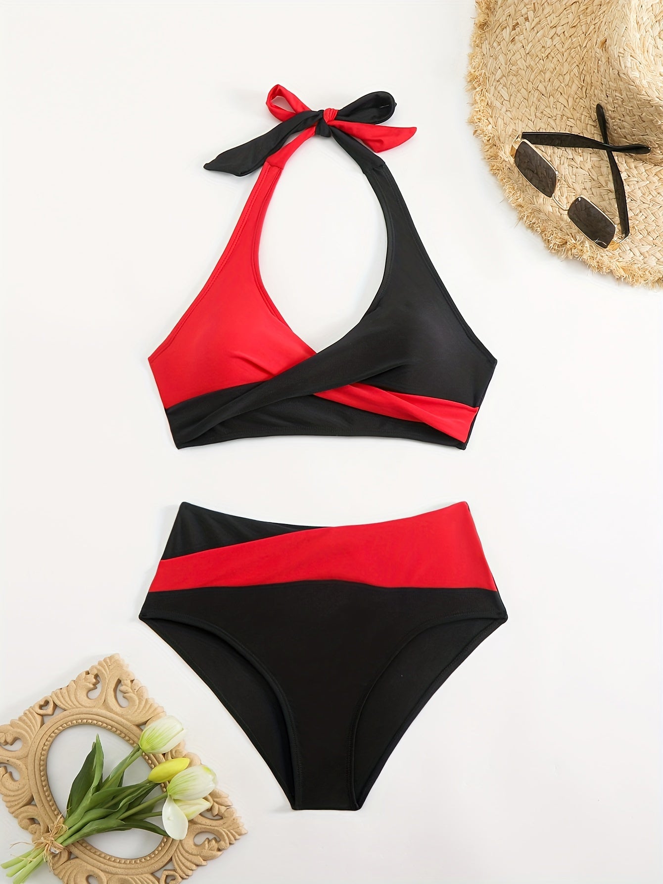 Two-piece Bikini Swimsuit for Women, Solid Color Sexy Patchwork Multi-Color Sexy Bikini with Neck Strap