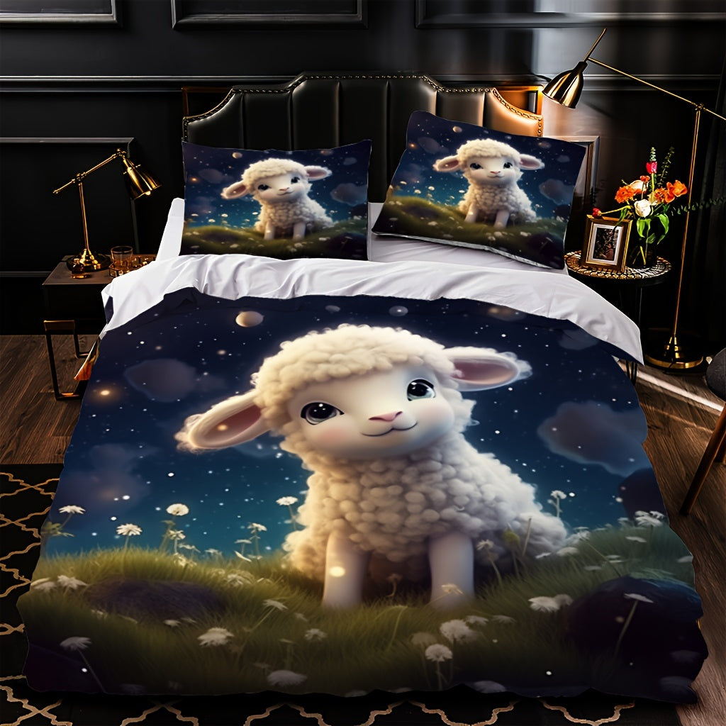 Adorable Cartoon Lamb Duvet Cover Set - Breathable Polyester with Zipper Closure, All-Season Comfort, Digital Print, Sanded Craftsmanship, Machine Washable - Includes 1 Duvet Cover and 1/2 Pillowcases (No Duvet Insert)