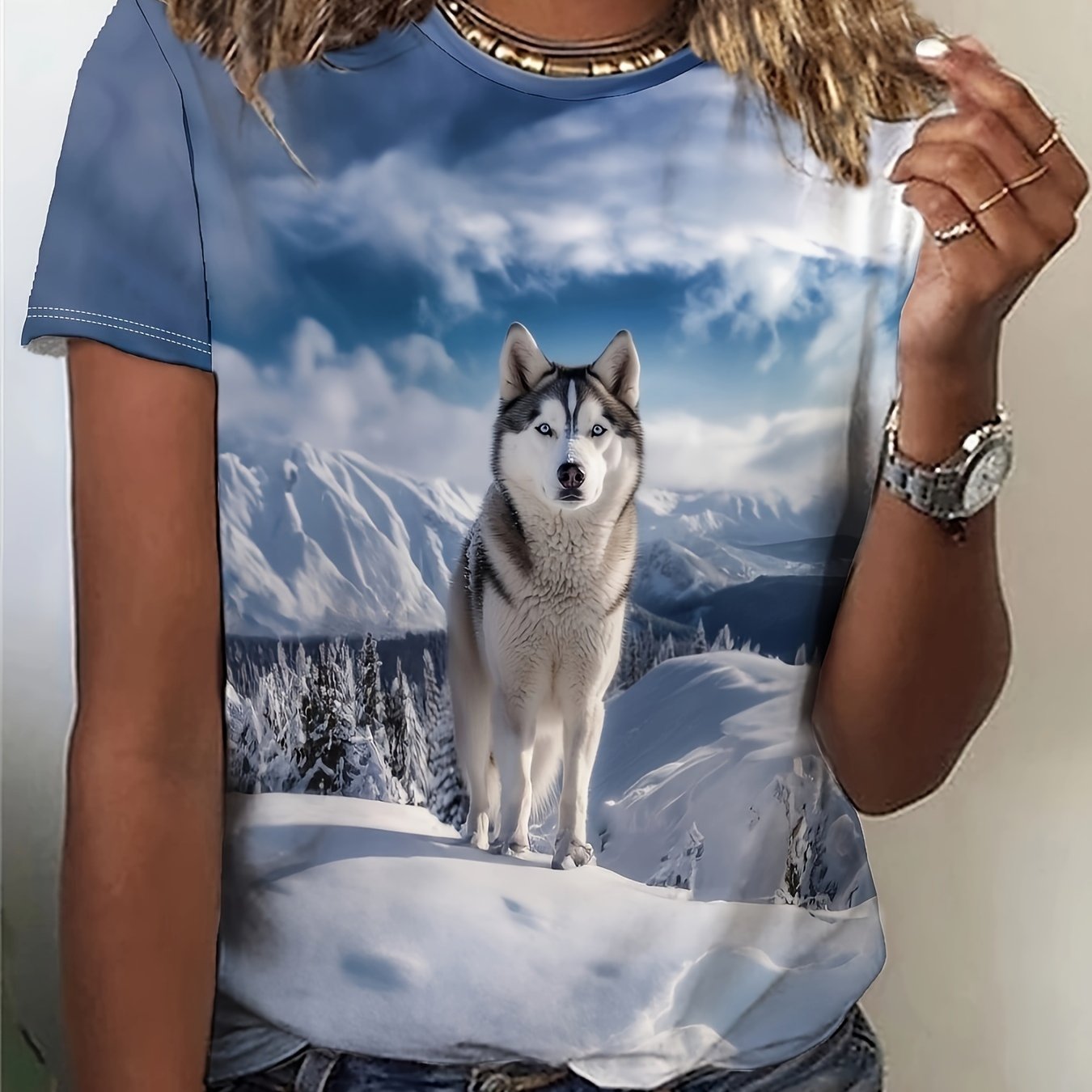 Dog Print Crew Neck T-Shirt, Casual Short Sleeve Top for Spring & Summer, Women's Clothing