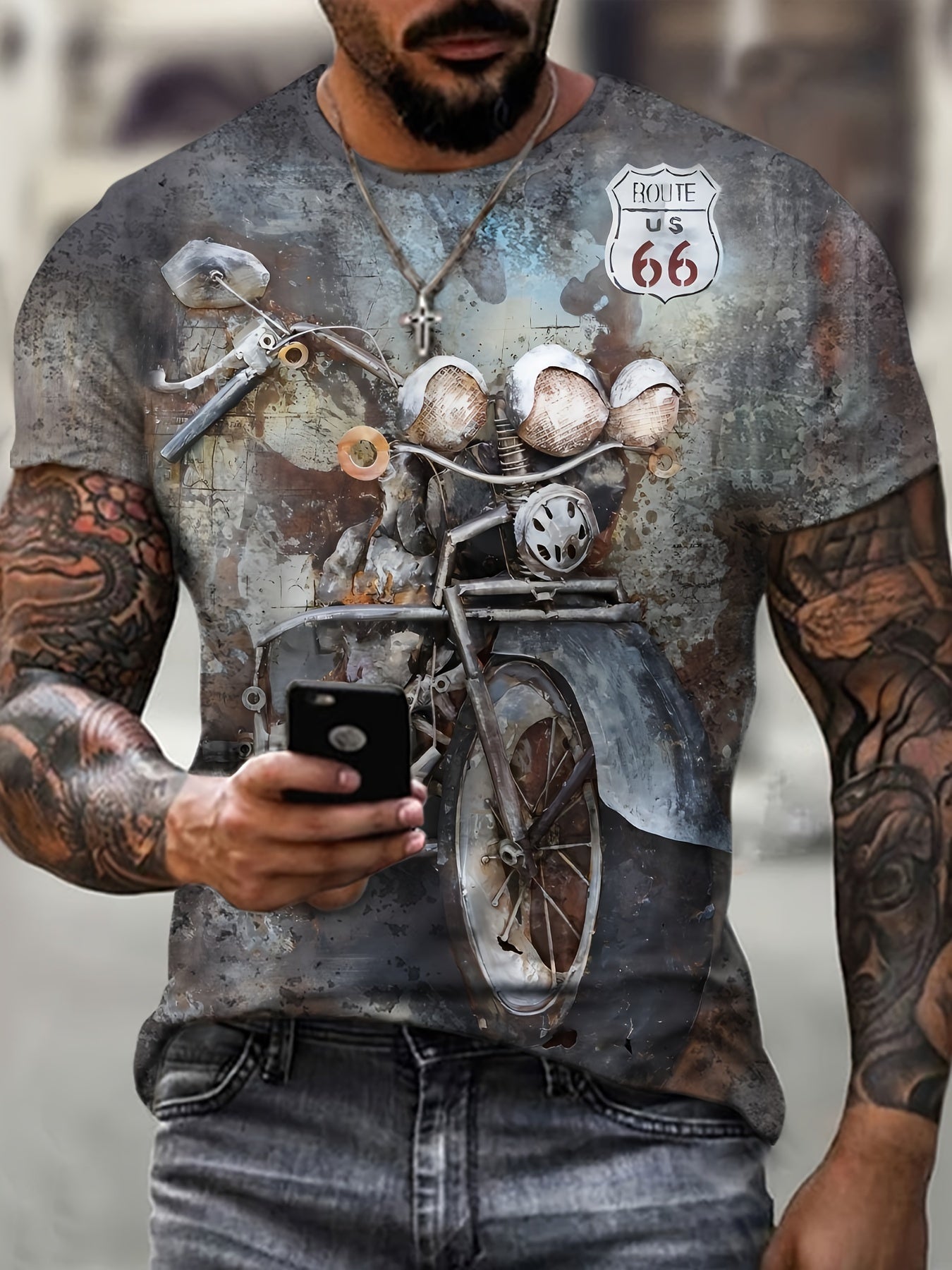 Fancy Motorcycle Print T-shirt, Men's Casual Comfy Crew Neck Tee, Trendy Short Sleeve Top For Summer Daily Wear