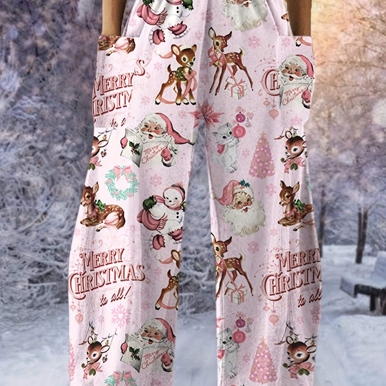 Women's Cozy Christmas Animal Print Casual Pants - Elastic Waist, Loose Fit with Pockets, Perfect for Fall/Winter