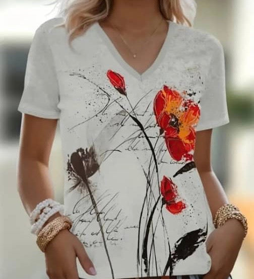 V-neck Polyester Ladies T-Shirt with printed flowers