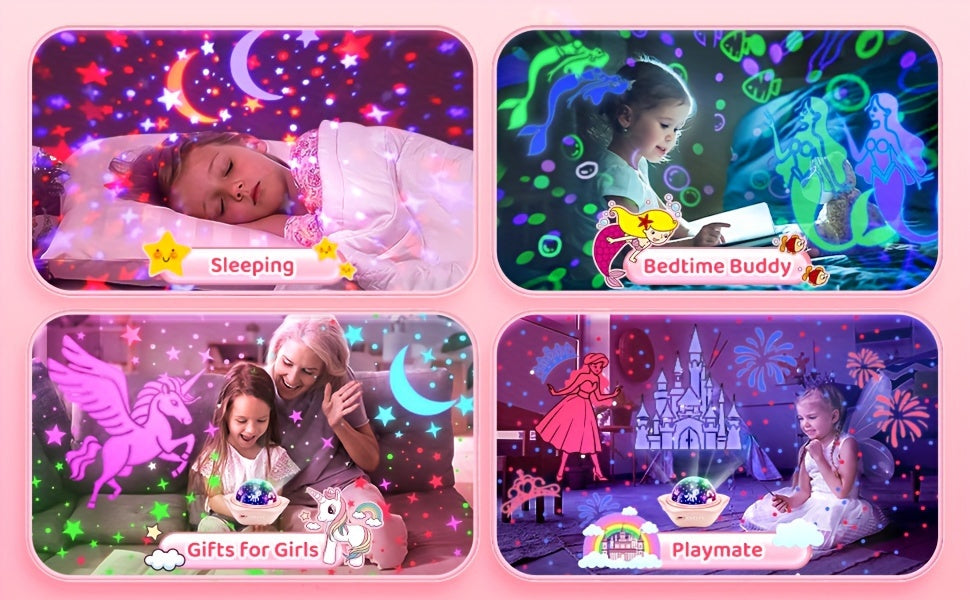 Mystical Unicorn Night Light Projector - 90 Vibrant Light Modes, 360° Silent Rotation, Rechargeable 2400mAh Battery, Dimmable Lamp with Timer & Infrared Sensor, 6 HD Projection Films, USB Charging, Portable Pink Bedroom Star Ceiling Projector with Auto-O