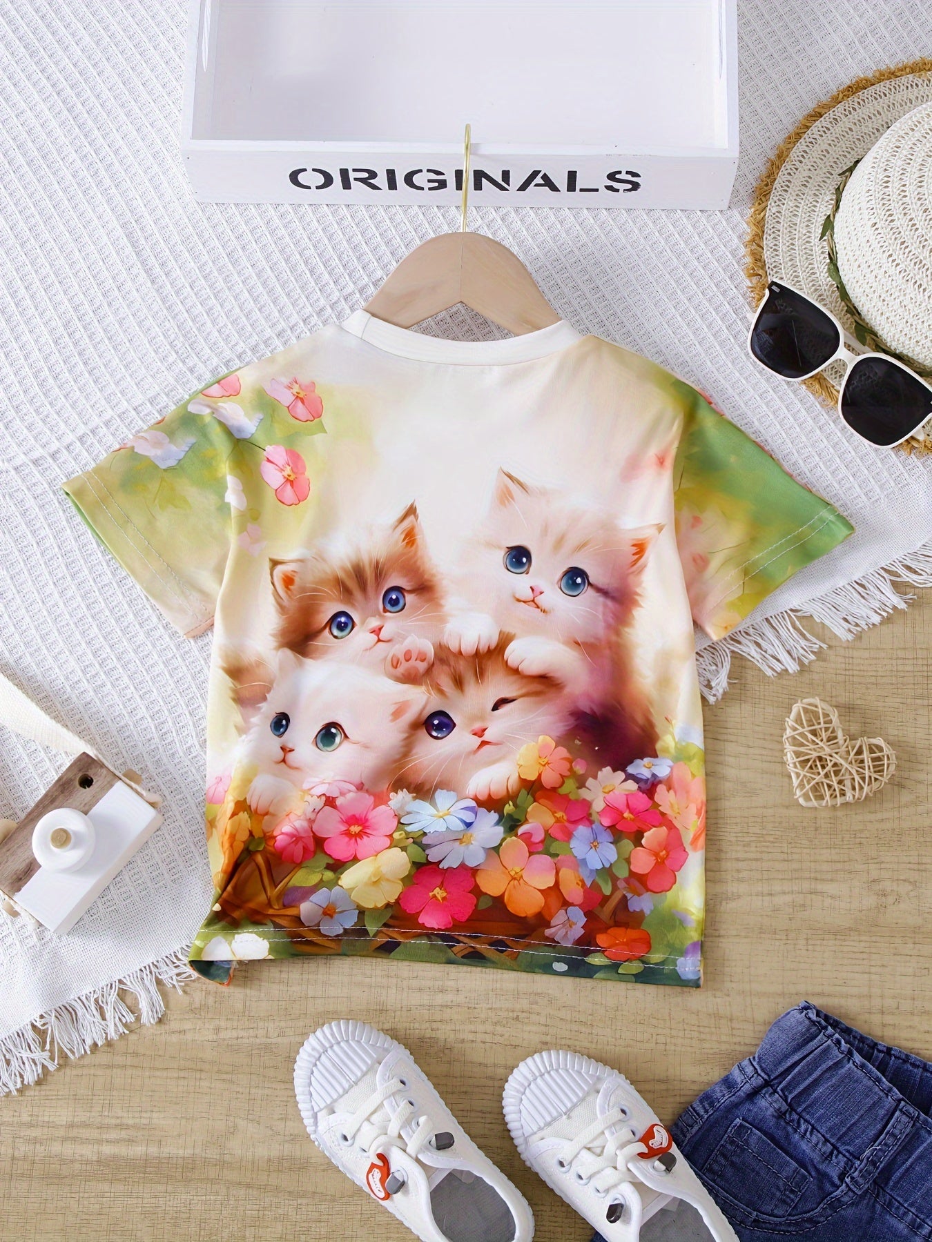 Cute 3D Kitties & Flower Print Short Sleeve T-shirt, Versatile Tees Summer Clothes