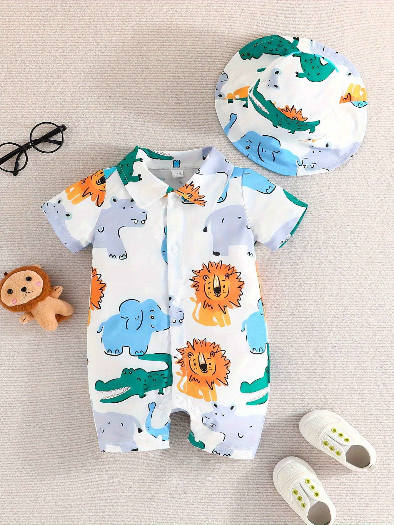 Baby Boy's Trendy Comfy Lion Graphic Print Short Sleeves Lapel Shirt & Hat Co Ord Set For Summer Outdoors, As Gifts