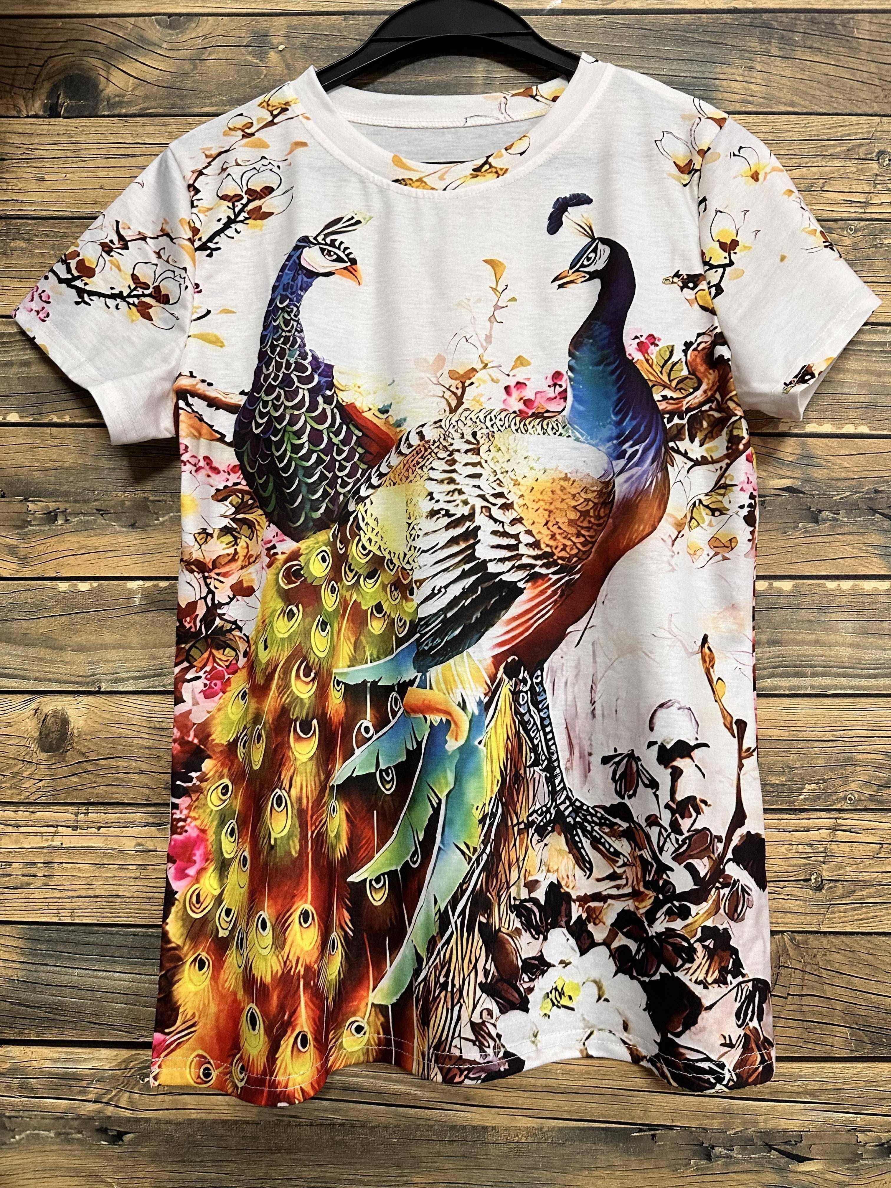 Summer 3D Digital Print Peacock T-Shirt for Women - Polyester Knit Fabric, Round Neck, Animal Pattern, Casual Short Sleeve Top