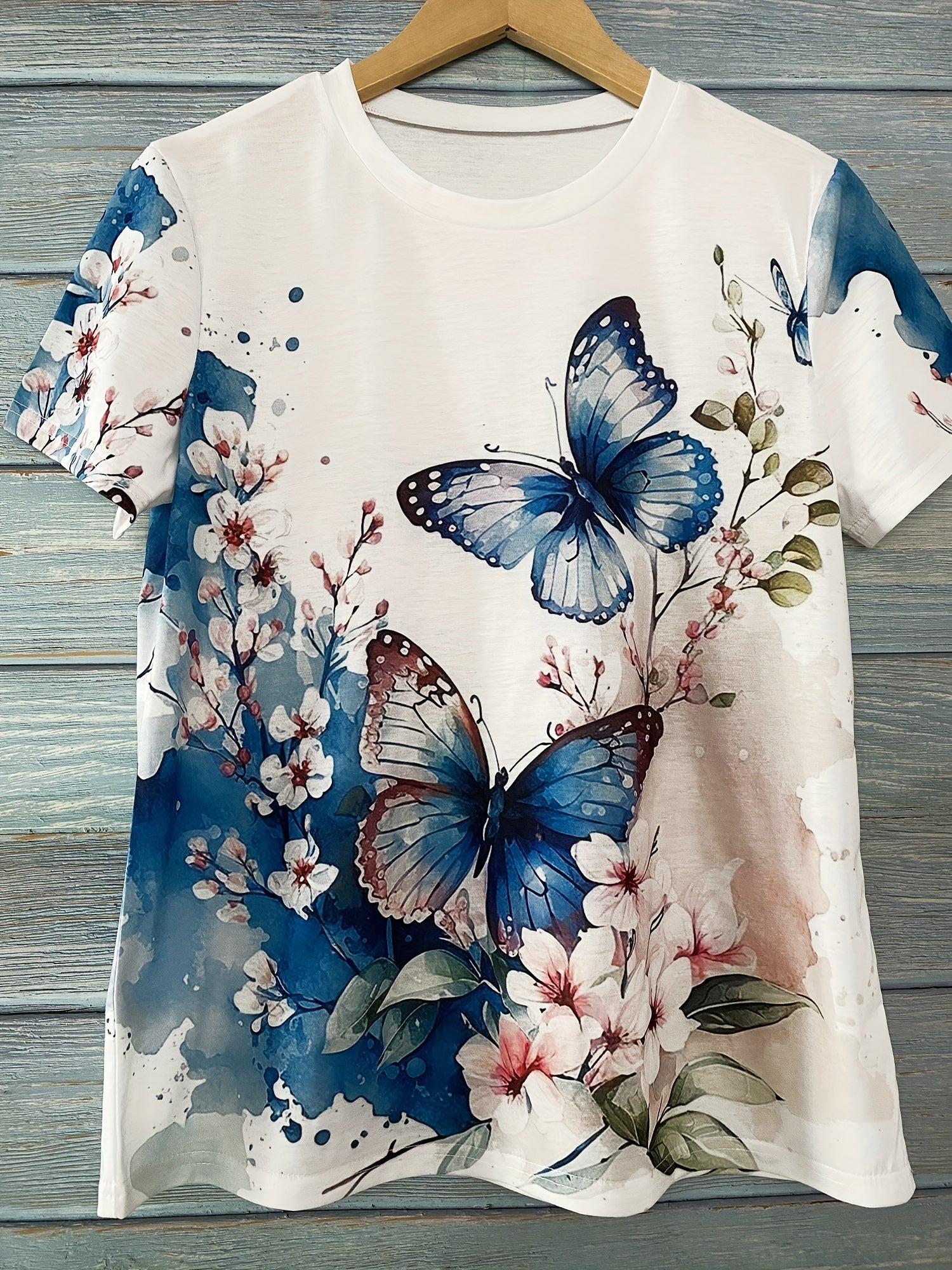 Butterfly & Flower Print Relaxed Fit Crew Neck Short Sleeve T-Shirt - Soft Medium Stretch Polyester Fabric, Casual Summer Top with Positioning Printing - Womens Regular Length Clothing for Spring & Summer