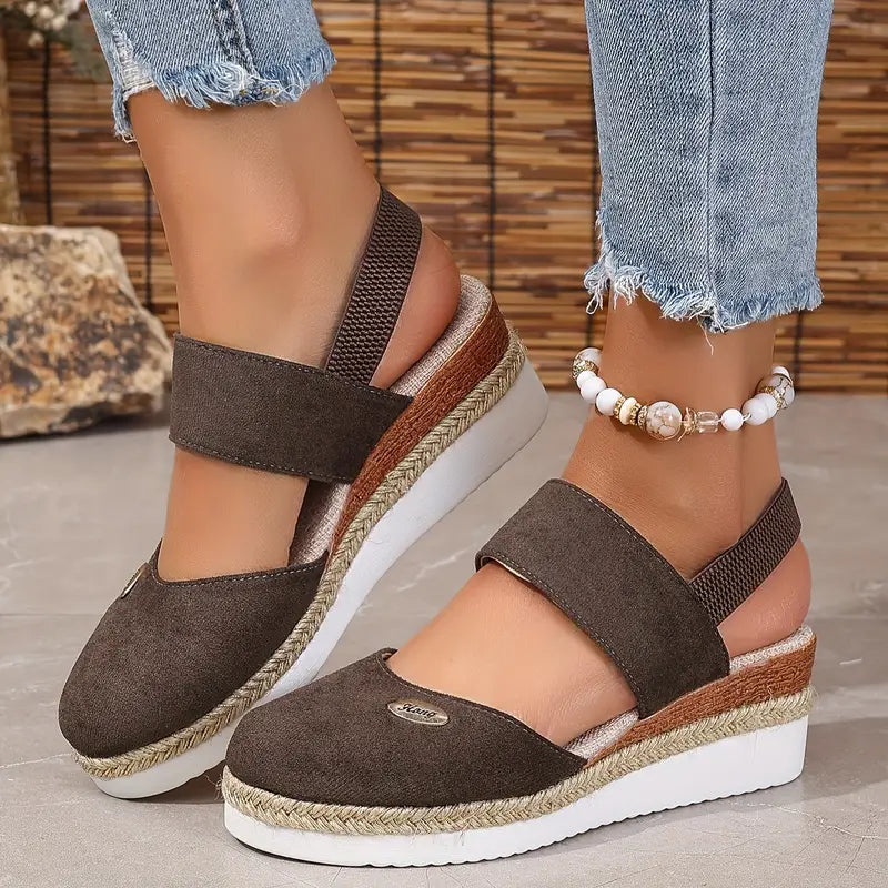 Womens Fashionable Solid Color Wedge Sandals - Elastic Ankle Strap, Closed Toe, Non-slip, Everyday Versatility - Secure & Stylish Footwear for Women