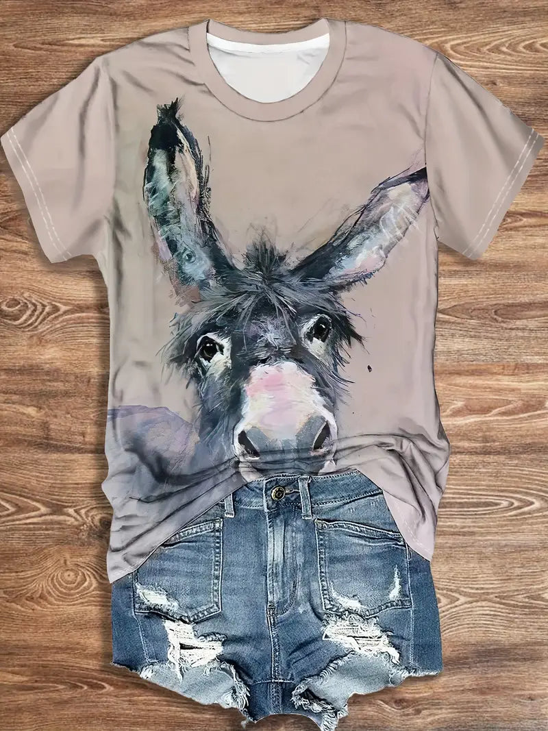 Chic Summer Animal Tee – Donkey Print, Breathable Crew Neck, Durable & Easy-Care Fabric, Casual Women's Fashion