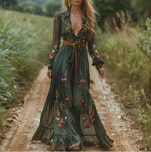 Vintage Floral Print Deep V Fashion High Waist Party Maxi Dress Autumn Women's Ethnic Lady Chic Bohemian Dresses 2025 New