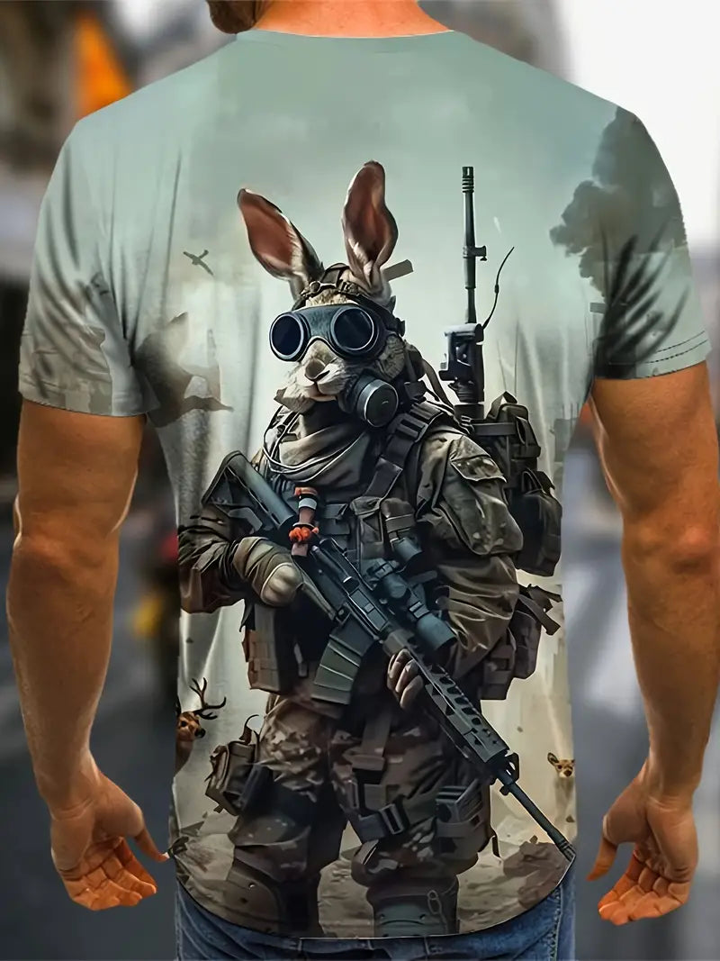 Rabbit Soldier 3D Print T-shirt For Men, Casual Creative Short Sleeve Top, Men's Clothing For Summer Street Wear