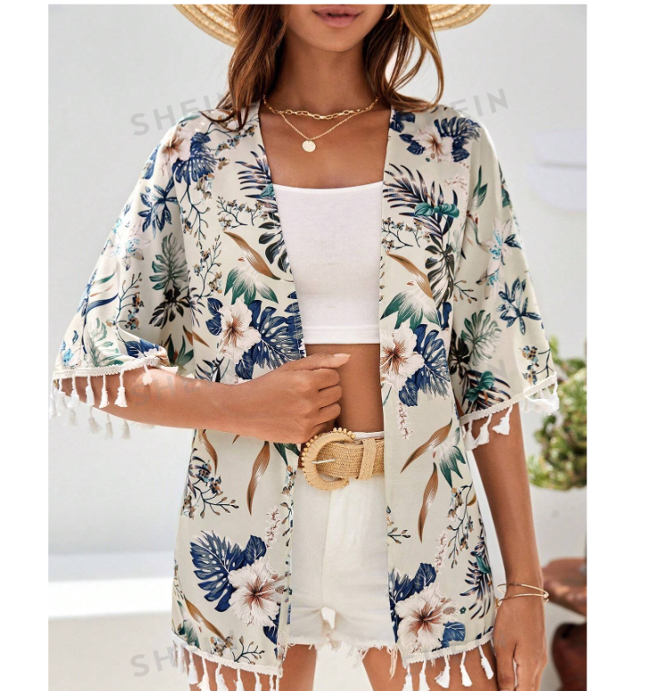 VCAY Tropical Print Tassel Trim Kimono