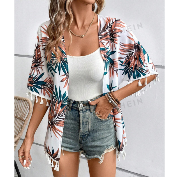 VCAY Tropical Print Tassel Trim Batwing Sleeve Kimono