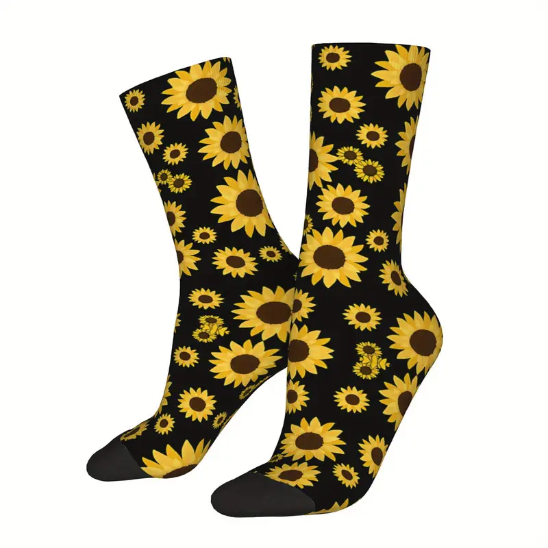 1 Pair Men'S Compression Crew Socks, Sunflower Print, Polyester & Elastane Blend, Knit Fabric, with Hand Washable, for Novelty Hip Hop Harajuku Style