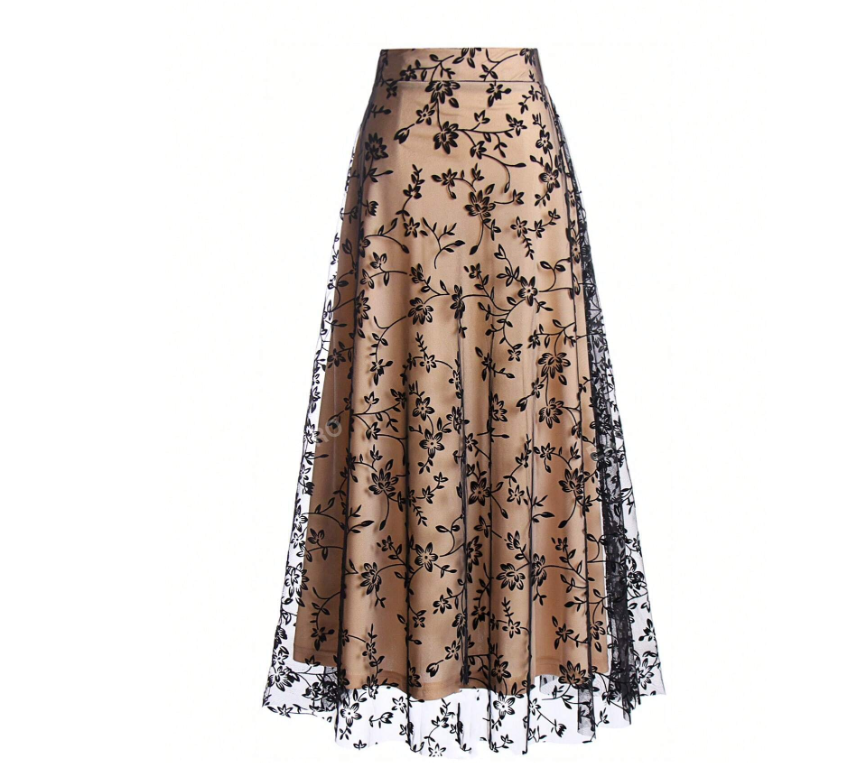 Elegant Floral Flocked & Mesh Long Skirt