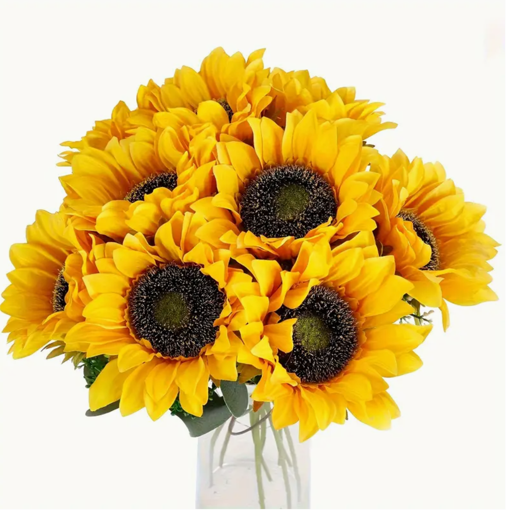 10pcs SunnyBloom Artificial Sunflowers, Plastic Faux Floral Bouquet for Wedding, Housewarming, Tabletop Centerpiece, Summer Home Decor, No Electricity or Battery Needed