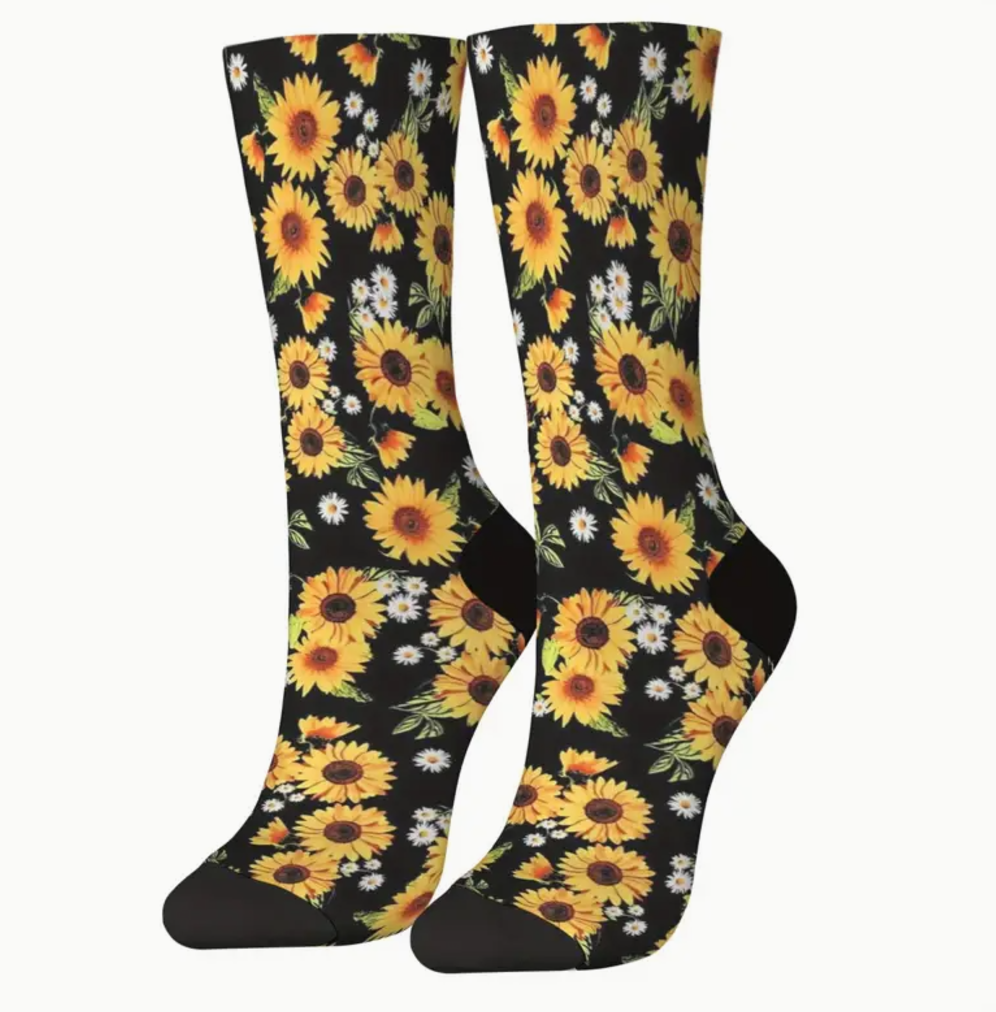 1 Pair Men'S Knit Crew Socks, Funny Cartoon Sunflower Print, Comfortable Breathable Elastic Mid-Calf Socks, Polyester & Spandex Blend, Hand Wash Only, Ideal for Gifts, Parties & Everyday Wear