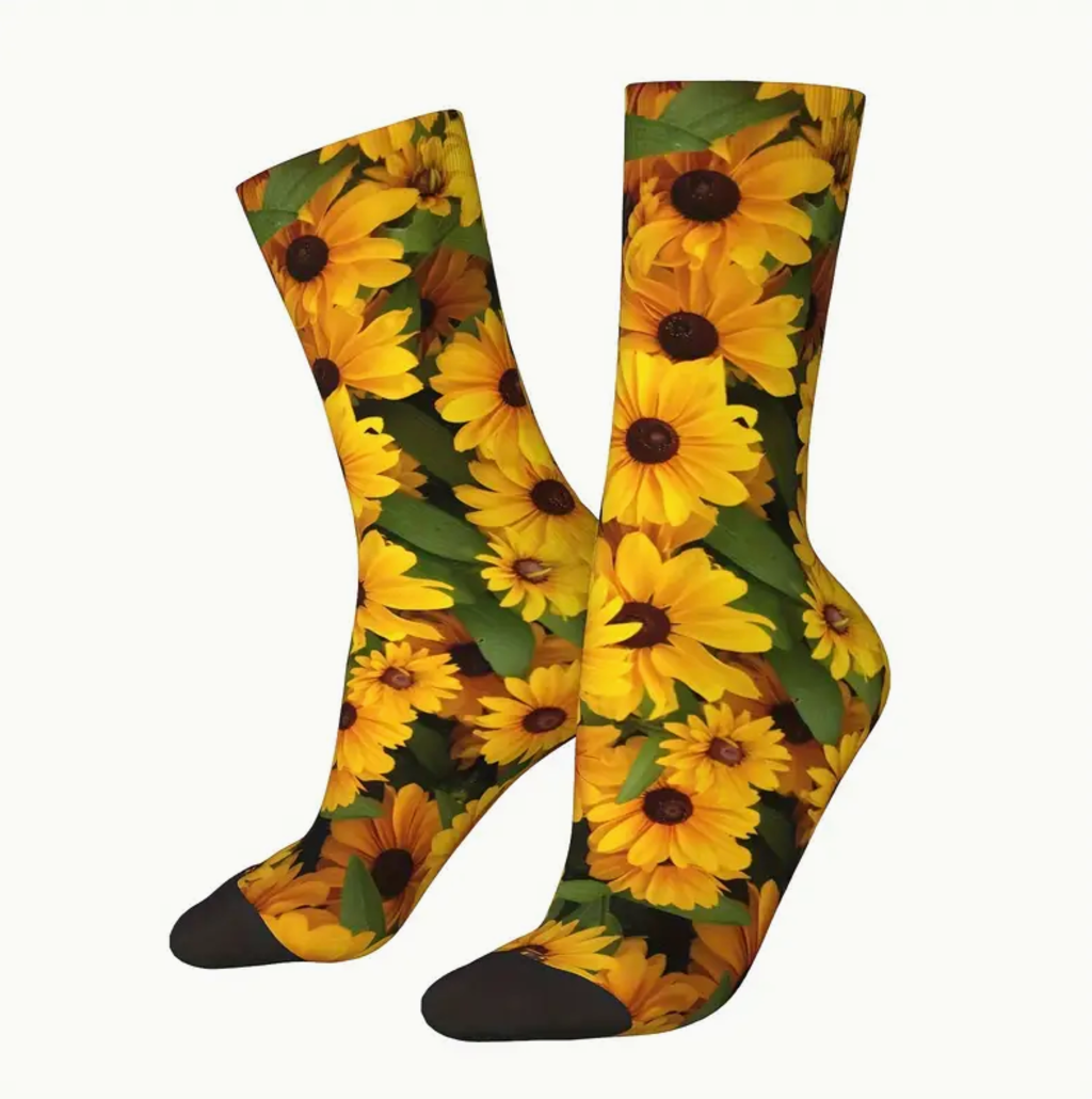 1 Pair Of Unisex Harajuku Vintage Style Novelty Sunflower Pattern Crew Socks, Trendy 3D Digital Printed Men Women Socks, Crazy Funny Socks For Gifts