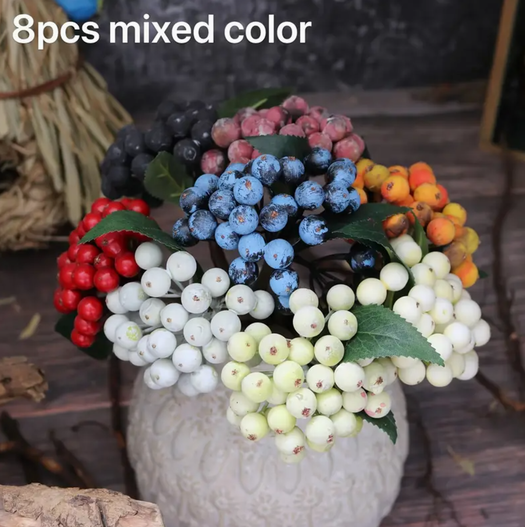 8pcs, Artificial Flowers, Blueberry and Cranberry for fashion vase filling, suitable for harvest festival, thanksgiving, Christmas, Valentine's Day