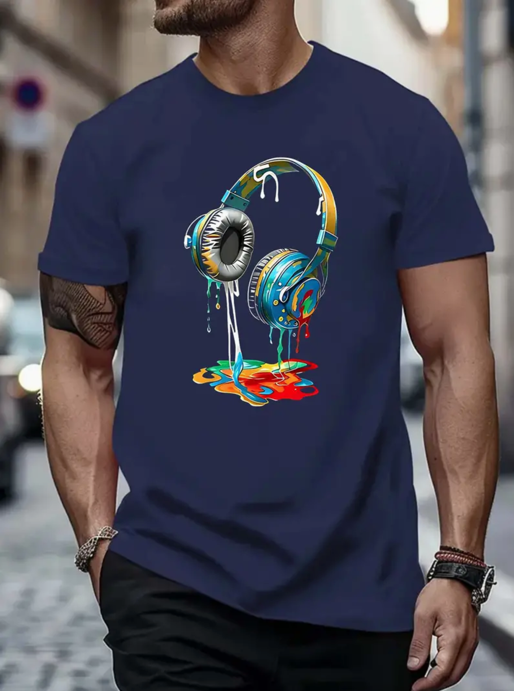 Colored Melted Headphone Pattern Print Men's Casual Short Sleeve Round Neck T-Shirt, Breathable Trend Exquisite Soft Short Sleeve Sports Top