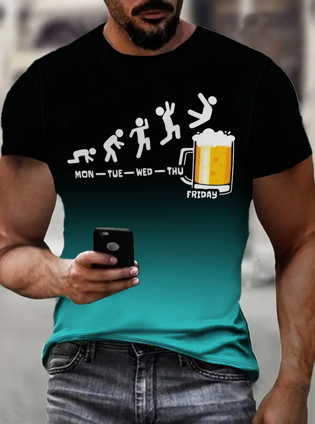 Men's 3D Gradient Beer Print T-Shirt - Casual Short Sleeve, Breathable Polyester Blend, Machine Washable - Perfect for Summer Outdoor Activities