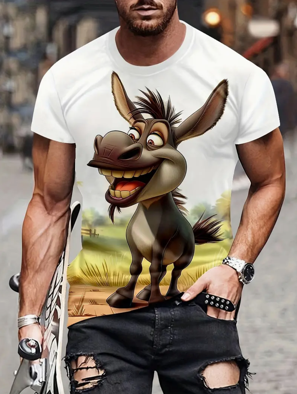 Cartoon Donkey Print Men's Round Neck T-Shirt - Summer Casual Comfort Tee for Men's Daily Fitness and Running - Animal Pattern - Regular Sleeve - Short Sleeve - Polyester Fabric