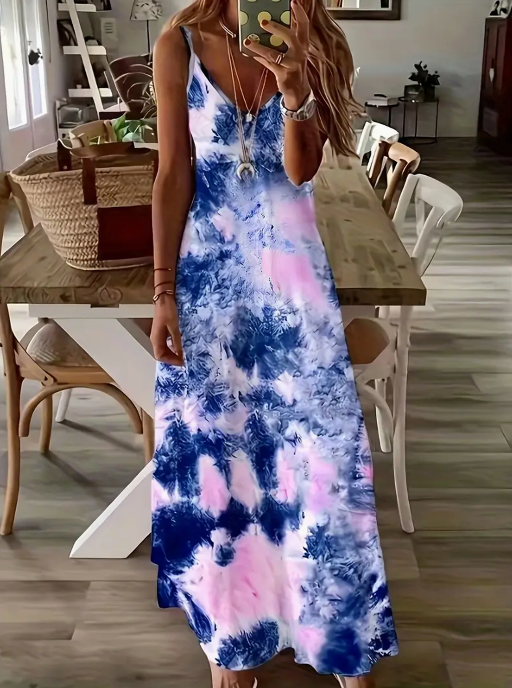 Women's Bohemian Tie-Dye V-Neck Sleeveless Maxi Dress - Casual Summer Fashion, Polyester Blend, Machine Washable