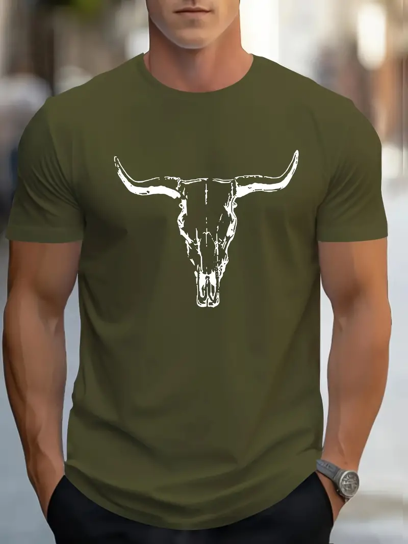 Bull Skull Print T Shirt, Tees For Men, Casual Short Sleeve T-shirt For Summer