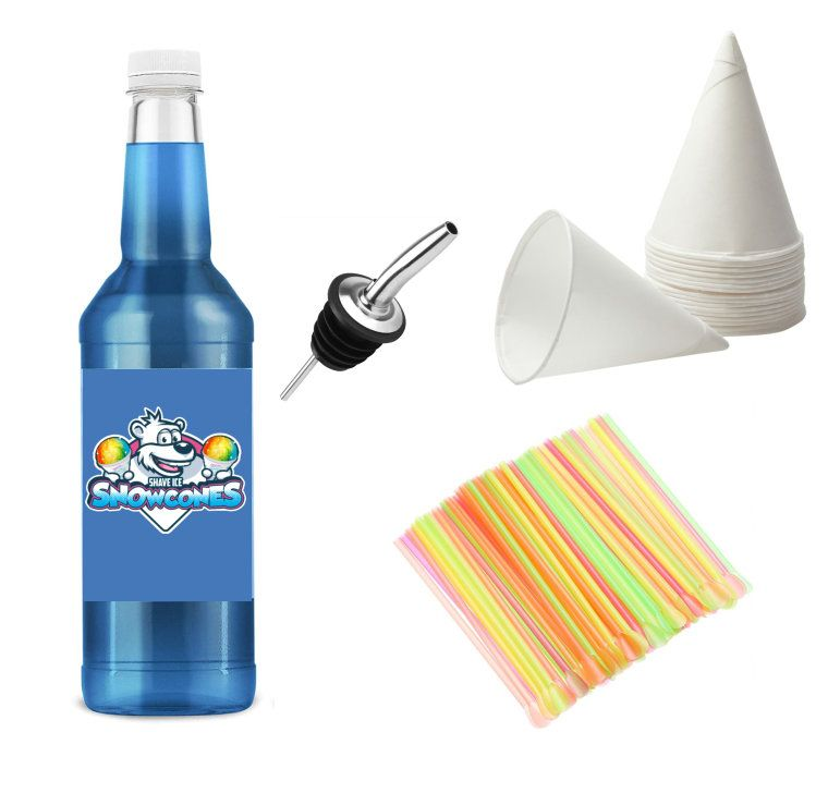 Bubblegum Snow Cone Syrup 1L, 20 Cone cups, 20 Spoon Straws,1 Bottle Pourer