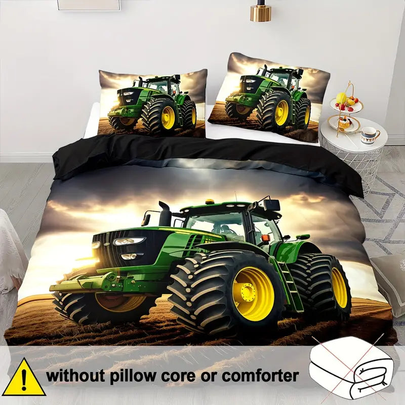 Farmhouse Chic 2/3pcs Duvet Cover Set - Green Tractor Design For Couples, Breathable All-Season Polyester, Zip Closure - Includes 1 Duvet Cover & 1/2 Pillowcases (Mattress & Pillows Not Included)