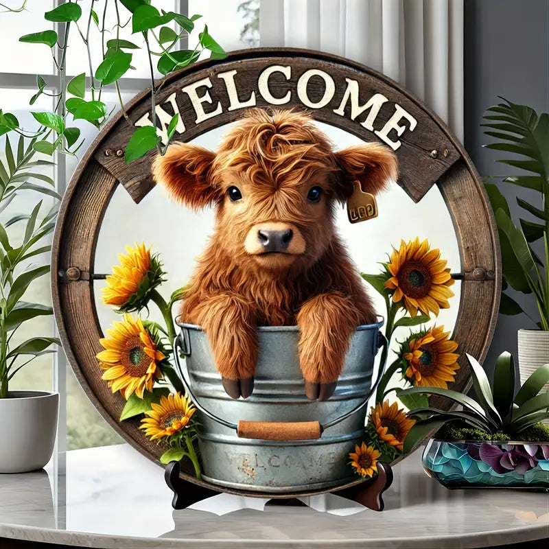 20x20cm 2D Printed Metal Sign: 'Welcome' with a Charming Highland Cow Surrounded by Sunflowers - Perfect for Home, Garden, or as a Gift