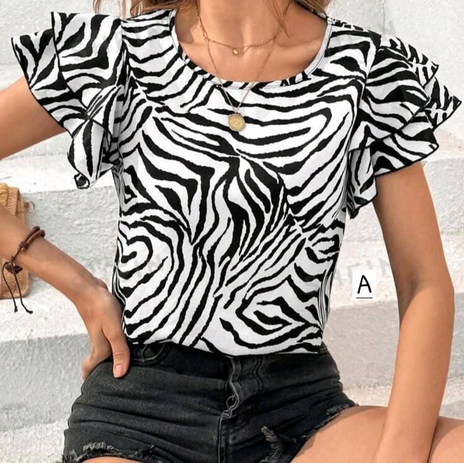 Essnce Summer Zebra Pattern Double Layer Cap Sleeve Round Neck Blouse