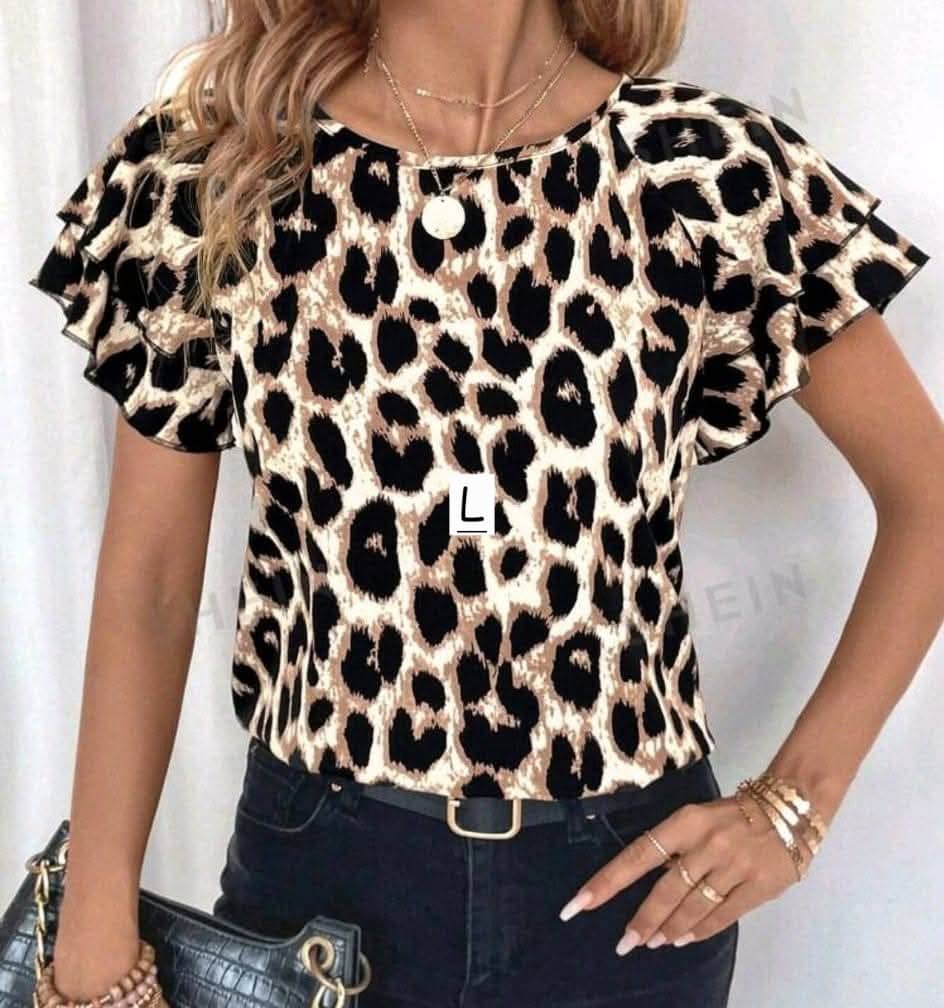 LUNE Women's Fashion Leopard Print Casual Double-Layered Ruffle Sleeve Shirt, Suitable For All Seasons And Music Festivals