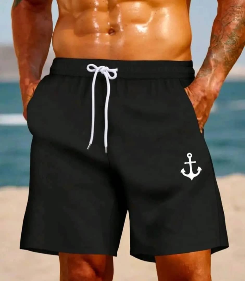 Men's Beach Shorts, Hawaii Holiday Casual Outdoor Sports Swim Trunks With Anchor 3D Digital Print, Single Layer, Drawstring, No Lining For Daily Leisure