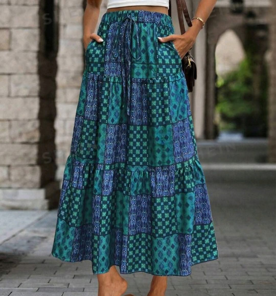 LUNE Printed Drawstring Waist Ruffle Hem Skirt