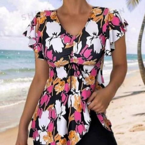 Random Print Ruffle Tankini Sets, V Neck Drawstring Tie Front Boxer Short Bottom Two Pieces Swimsuit, Women's Swimwear & Clothing