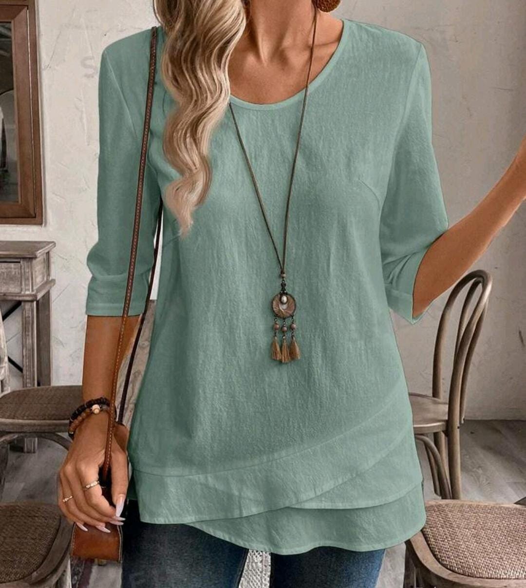 Women 100% Cotton Crew Neck 3/4 Sleeve Blouse