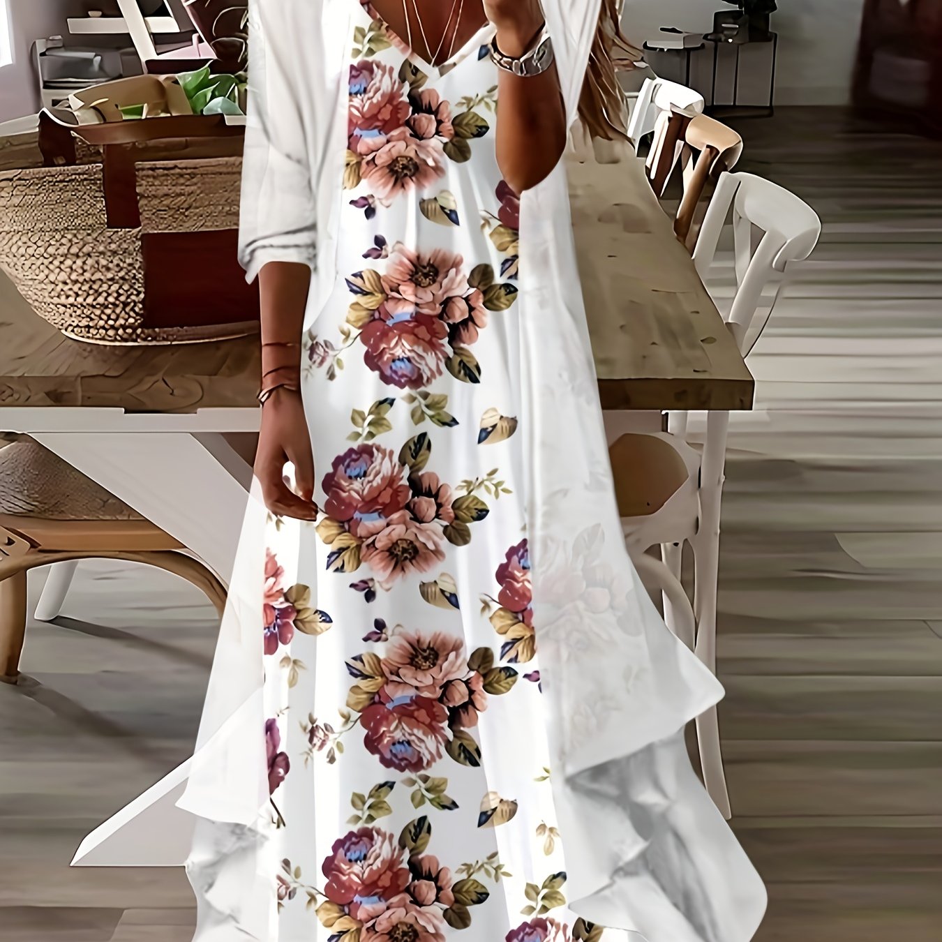 Elegant Floral Print Cami Dress Set, Three-quarter Sleeve Open Front Top & V Neck Sleeveless Cami Dress Outfits, Women's Clothing