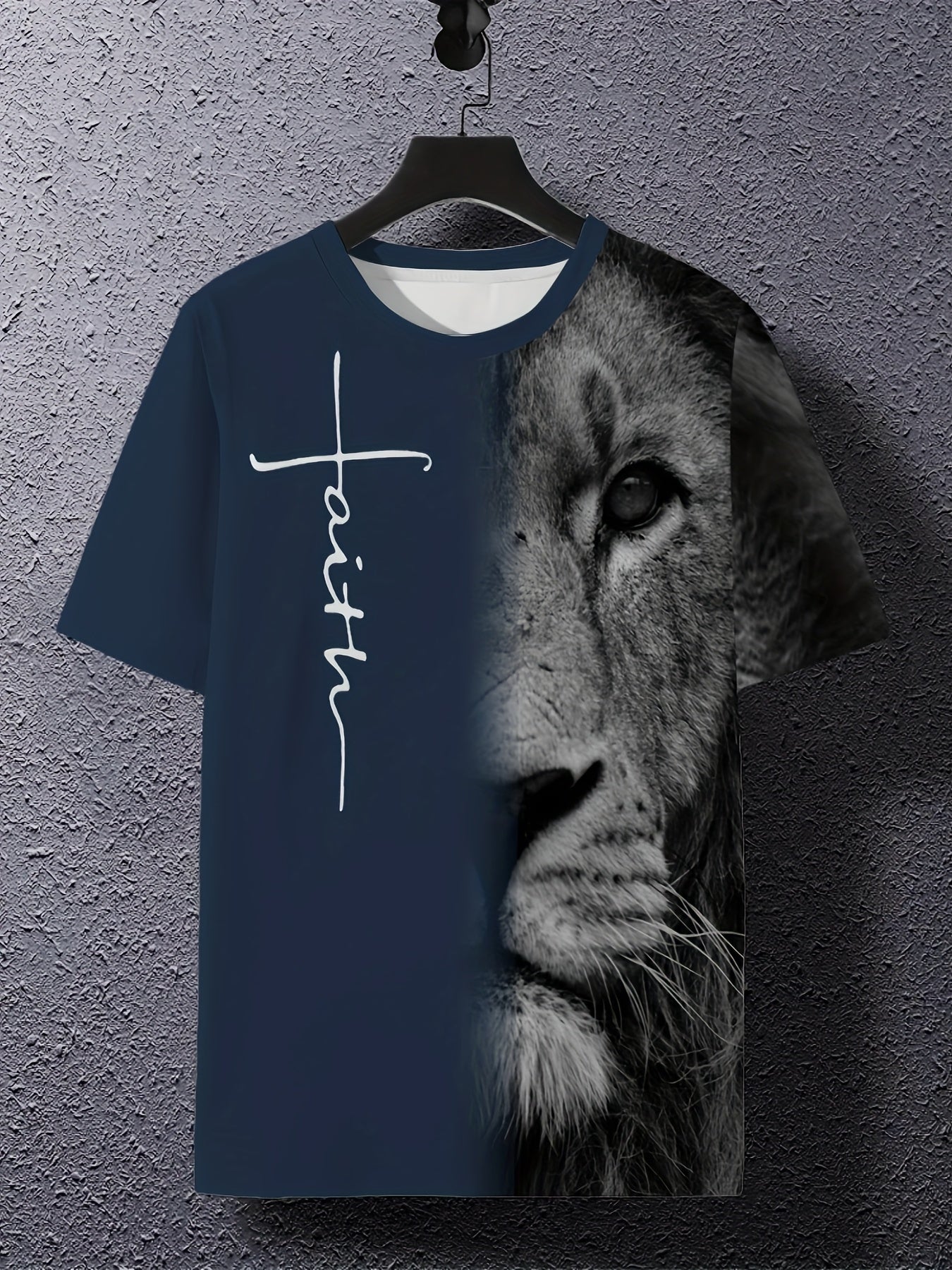 1pc Vintage Lion Graphic T-Shirt for Men, Crew Neck, Short Sleeve, All-Season Knit Polyester Tee, Regular Fit, Animal Pattern Pullover