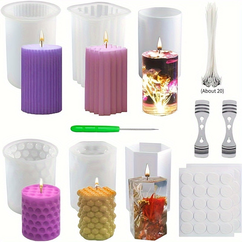 6-Piece Silicone Candle Mold Set - Perfect for Creative Candle Making Projects, Unique Bubble Column and 3D Hexagonal Cylinder Designs, Suitable for Soy Wax and Soap Making, Ideal for DIY Scented Candle Enthusiasts