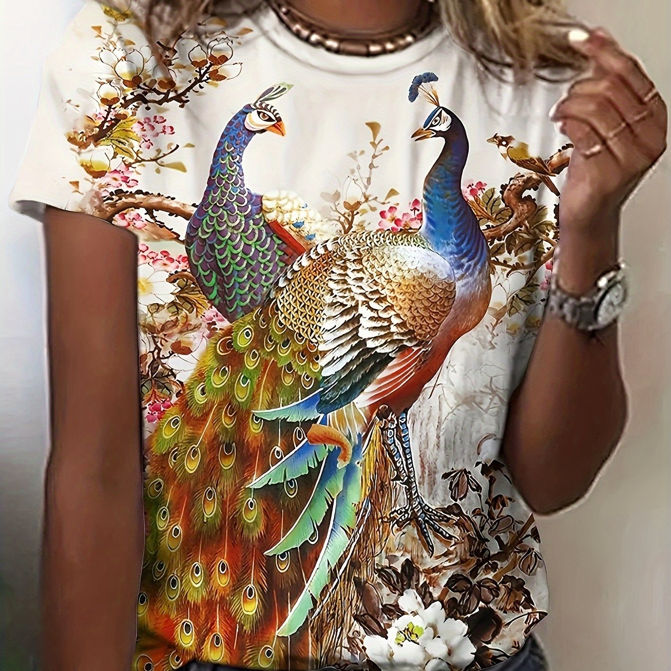 Summer 3D Digital Print Peacock T-Shirt for Women - Polyester Knit Fabric, Round Neck, Animal Pattern, Casual Short Sleeve Top